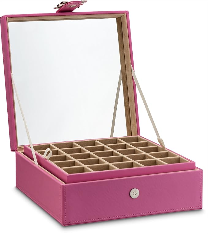 Glenor Co Earring Organizer - Classic 50 Section Jewelry Box/Case/Holder for Earrings, Rings, Necklaces, Jewelry, Cufflinks or Collections -2 Layer Small Compartments with Large Mirror - Pink
