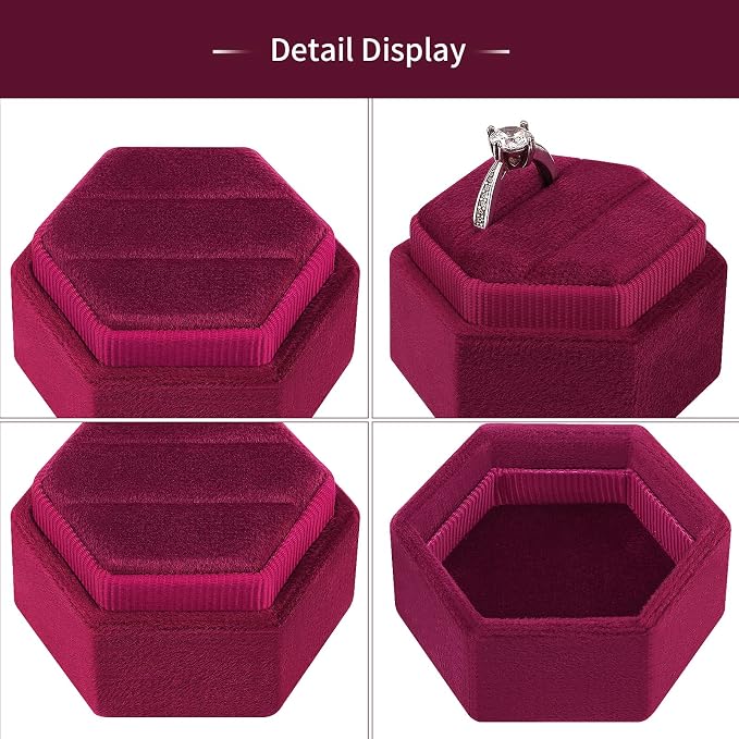 DesignSter Velvet Ring Box Hexagon - Premium Gorgeous Vintage Double Ring Display Holder with Detachable Lid for Proposal, Engagement, Wedding, Ceremony (Burgundy Red)