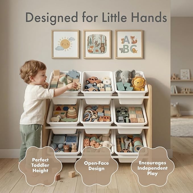 Humble Crew Toy Storage Organizer with 9 Removable Storage Bins for Kids Playroom, 3-Tier Toy Organization, Natural Wood/White