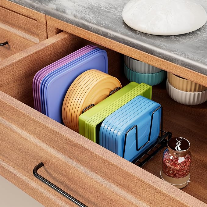 Adjustable Food Container Lid Organizer with 5 Dividers, Full Metal Pot and Pan Organizer Rack for Kitchen Cabinets, Drawers, Cupboards, Pantry Shelves Storage, Black