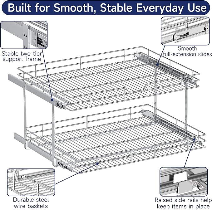 2-Tier Pull Out Cabinet Organizer, 28.5" W x 21.5" D, Heavy Duty Dual Slide Out Shelves for Wide Base Cabinets, Chrome Wire Basket Drawer for Pots, Pans, Pantry & Cleaning Supplies