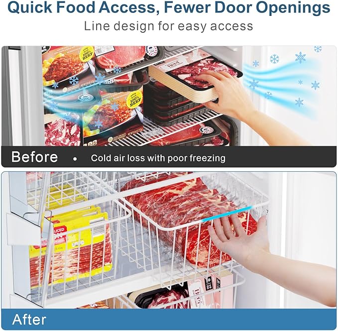 iSPECLE Freezer Organizer Bins - 6 Pack Stand Up Freezer Organizers for 16 Cu.Ft Upright Freezer, Storage Baskets for Meat & Veggies, Prevents Items Falling, Slide-Out Access, 3 Large 3 Medium, White