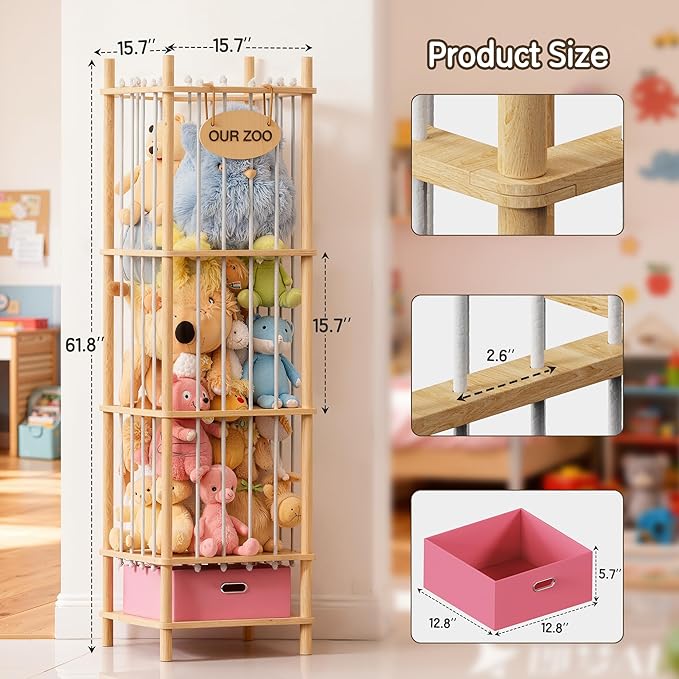 Brelley Stuffed Animal Storage Zoo Wood Toy Storage Organizer with Drawer, Large Toy Chest Stuffed animal holder for Kids Nursery Playroom Bedroom