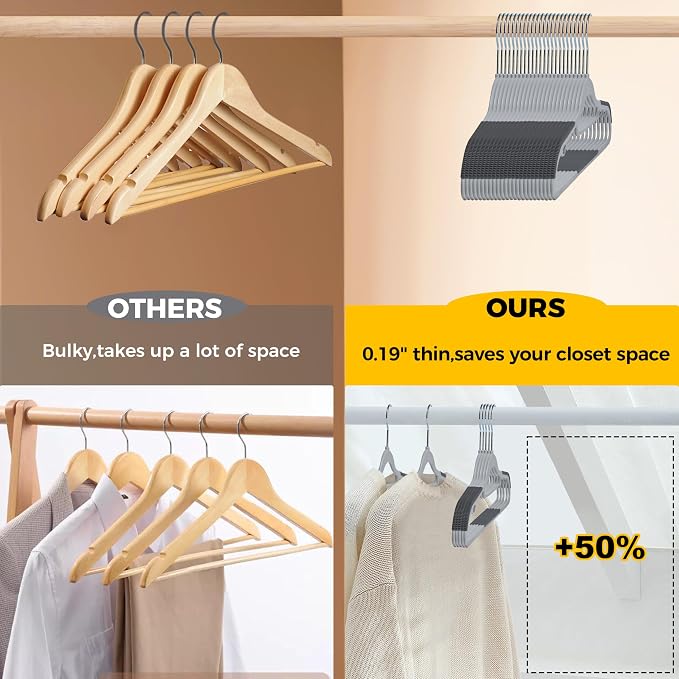 Quality Clothes Set 200 Pack - Non-Velvet Plastic for Clothes - Heavy Duty Coat Set - Space-Saving Closet with Gray Swivel Hooks - Functional Non-Flocked