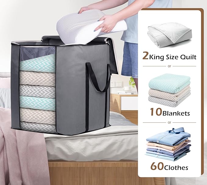 SLEEPING LAMB 120L Extra Large Blanket Storage Bags Breathable Clothes Storage Containers for King Comforter Bedding Pillow Sheet, Reinforced Handles, Grey