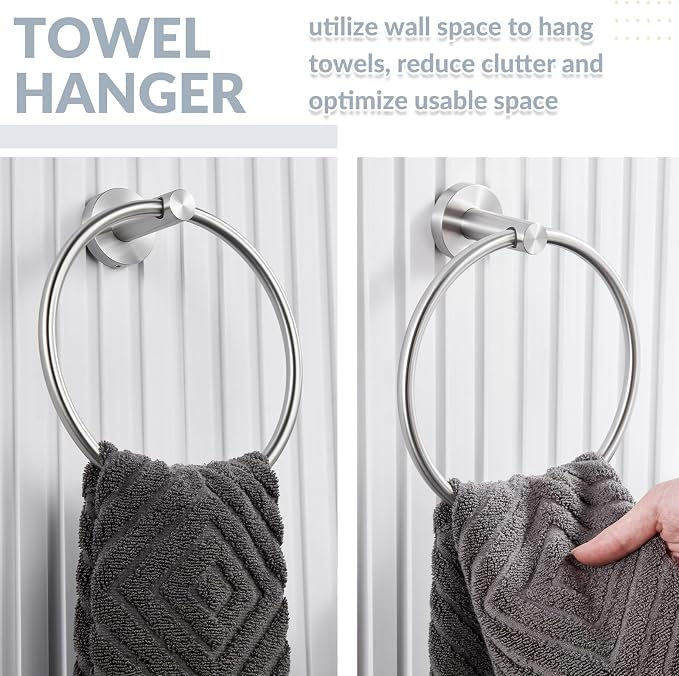 APLusee Bathroom Towel Ring Brushed Nickel, 304 Stainless Steel Hand Towel Holder for Bathroom Kitchen, Single Round Swivel Hanger, Wall Mounted