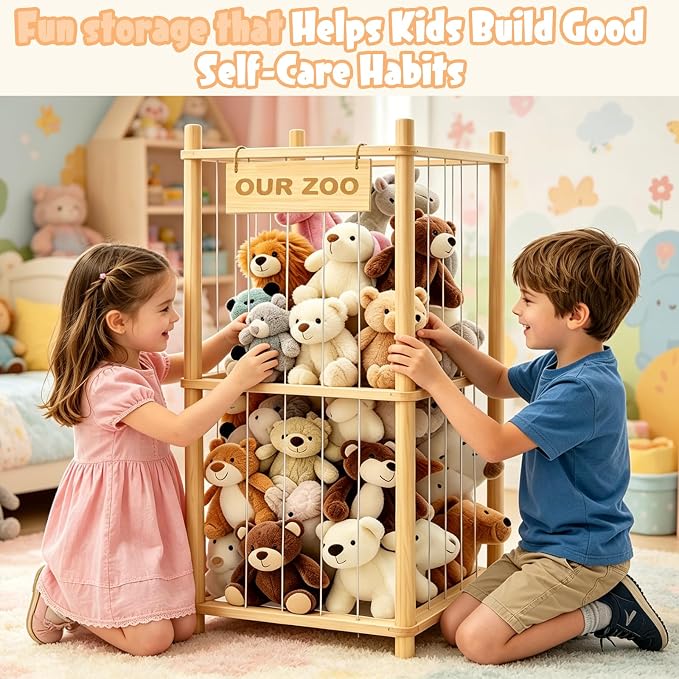 Stuffed Animal Storage, Wood Stuffed Animal Zoo Storage, Space Save Toy Organizer, Large Capacity Stuffed Animal Holder, Perfect for Nursery Playroom Kidroom Bedroom