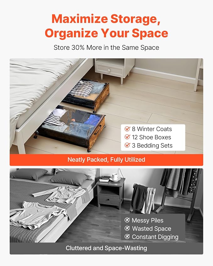 VEVOR Under Bed Storage with Wheels, 36.0 x 18.1 x 7.3 inch, Underbed Containers with Clear Lid, Underbed Shoe Organizer, Rolling Under the Bed Storage Bins for Clothes Shoes Blankets Bedroom, 2 Pack