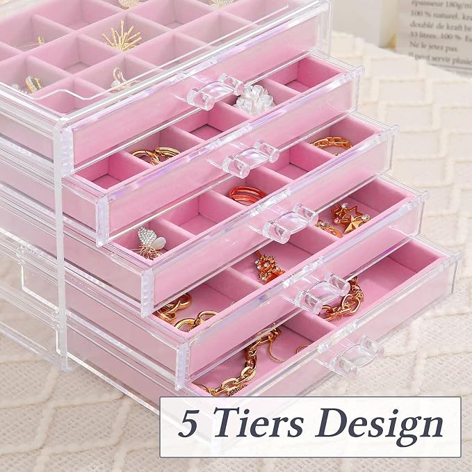 misaya Earring Jewelry Organizer with 5 Drawers, Birthday Present, Clear Acrylic Jewelry Box for Women, Velvet Earring Display Holder for Earrings Only, Pink