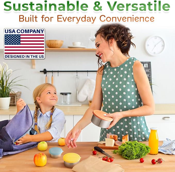 Stainless Steel Food Storage Containers - Metal Set of 5, Snack Size | EcoEarth for 100% plastic-free, airtight, and leakproof with food-safe silicone lids for mess-free travel.