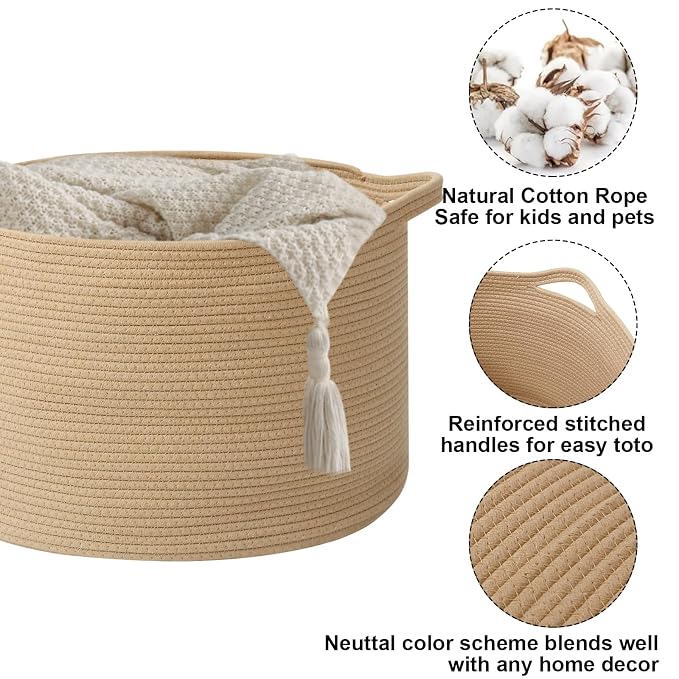 90L Extra Large Blanket Basket,Woven Rope Laundry Basket Hamper with Handles, Decorative Nursery Basket Storage Bin for Toys, Clothes Organizer, Living Room, Bedroom, Bathroom, Camel