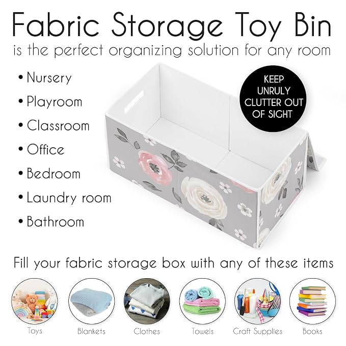 Sweet Jojo Designs Grey Watercolor Floral Girl Small Fabric Toy Bin Storage Box Chest For Baby Nursery or Kids Room - Blush Pink Gray and White Shabby Chic Rose Flower Farmhouse