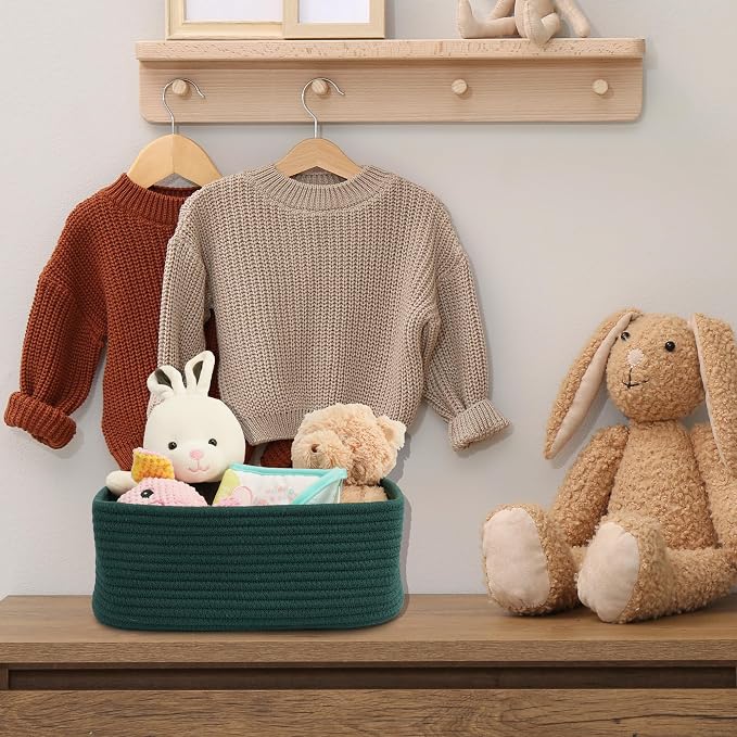 XUANGUO Small Woven Storage Baskets 13“X9”X5“ Decorative Rope Bins for Organizing Shelves, Closets, and Toys, Empty Gift Baskets, Cute Organizer Basket for Home and Office (dark green, Large)