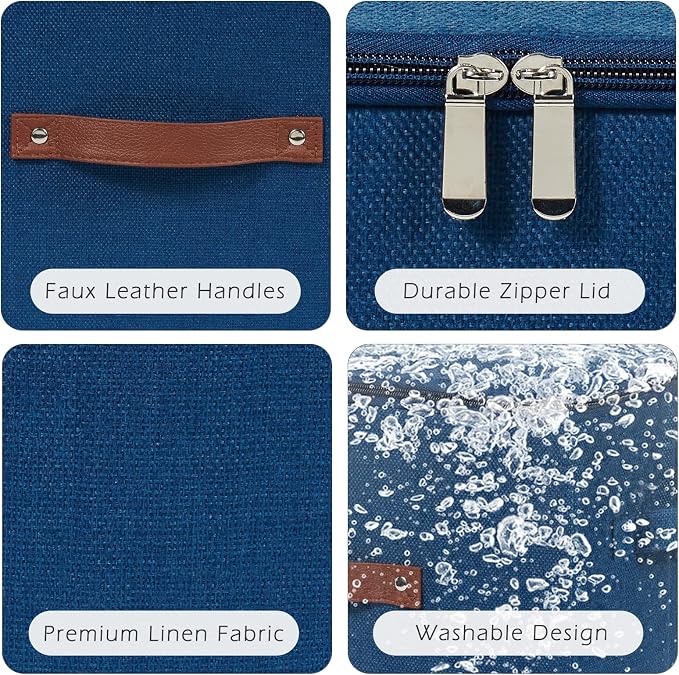 2 Pack Storage Bins with Zipper Lid Cotton Linen Fabric Lidded Storage Baskets Boxes Foldable Washable Closet Shelf Clothes Organizer Container with PU Leather Handles (Deep Blue, Small)