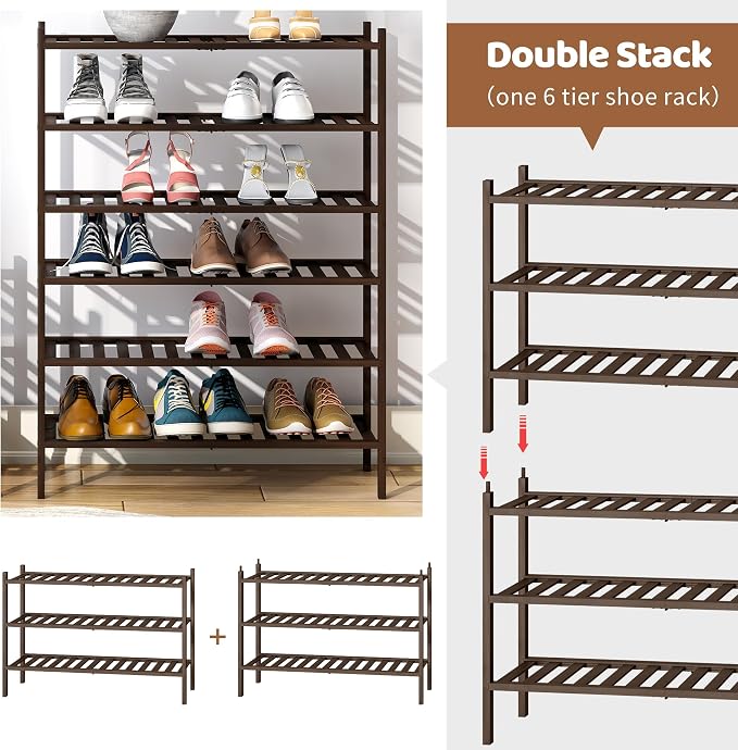 Bamboo Shoe Rack Stackable Shoe Shelf Storage Organizer for Unit Entryway Hallway and Closet Sturdy Freestanding Shoe Shelf(3 Tier Brown)