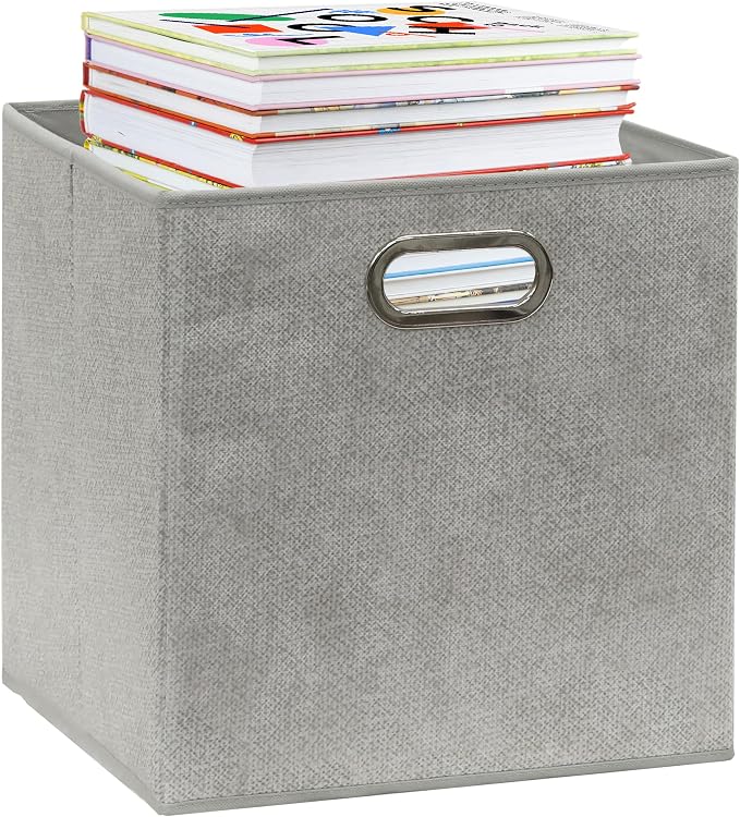 Simple Houseware 11-Inch Collapsible Fabric Cube Storage Bin with Handles, Printed Design, 6 Pack, Gray
