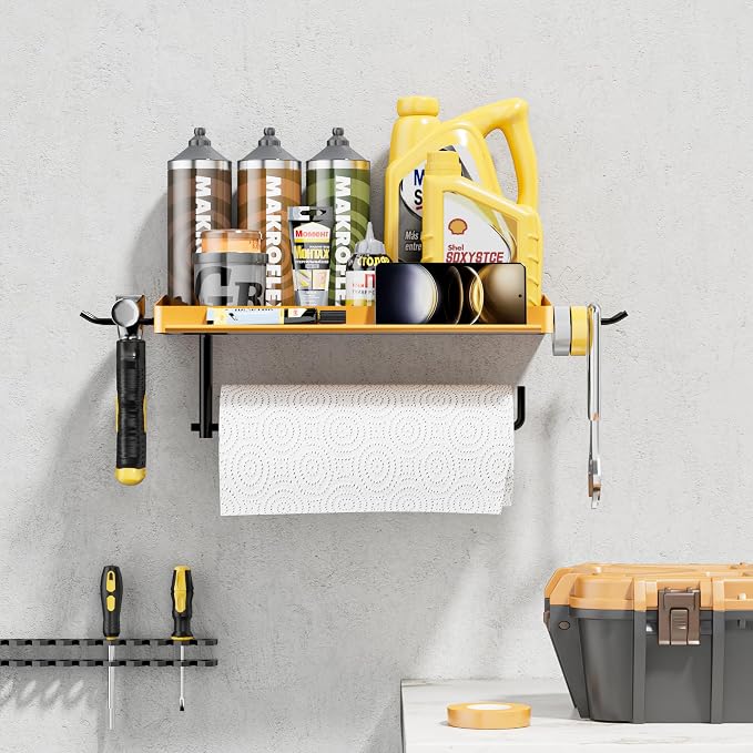 SUNTECH Garage Paper Towel Holder with Shelf, Yellow Heavy Duty Shop Towel Holder, Paper Towel Holder Wall Mount with 2 Hooks for Garage, Workshop, Tool Room Organization