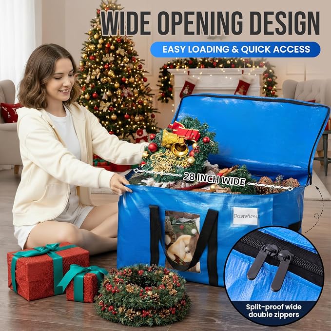 TAILI Extra Large Moving Bags, 2 Pack Blue Heavy Duty Totes For Storage with Visible Window, Wrap Around Handles, Storage Bags for Space Saving, Alternative to Moving Boxes