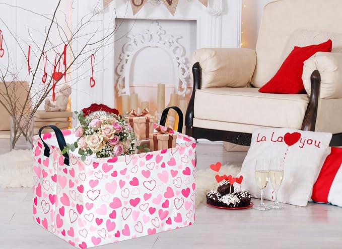 MAIZMZ Girls Gift Basket Heart Print Storage Cube for Women, Closet Shelf Organizer Bins Empty Gift Basket with Handles Nursery hamper Kids Toys Books Box Room Deco