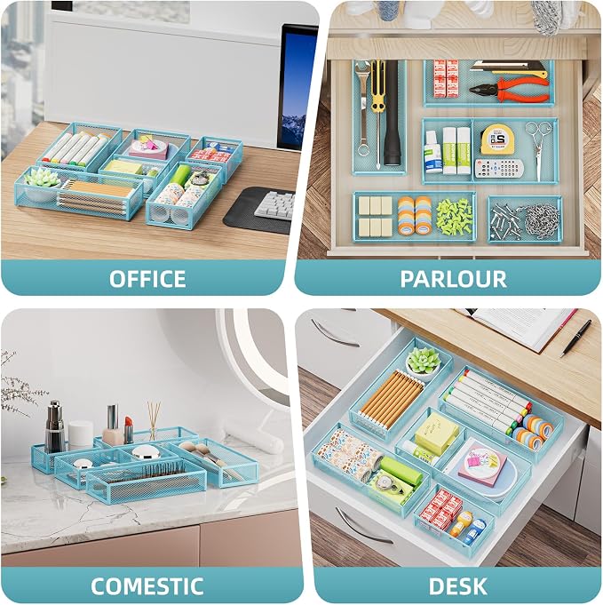 Marbrasse 5 Pack Desk Drawer Organizer Set, Mesh Drawer Storage Trays with 1 Adjustable Divider, Desk Organizers and Accessories, 5 PCS Drawer for Office Supplies, Makeup & Vanity (Blue)