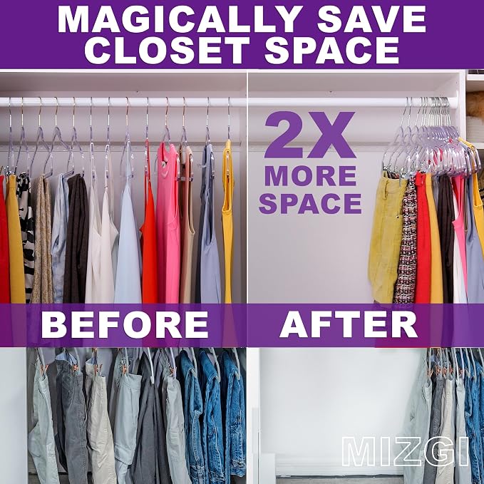 MIZGI Slim Clear Chrome Pants & Skirt Hangers (20 Pack) – Adjustable Clips & Hooks, Transparent Non-Felt, Space-Saving for Dresses, Shirts, Blouses