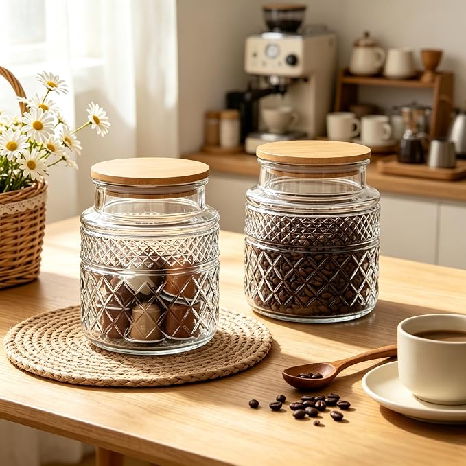 Prettidecor Glass Storage Jar, 38 FL OZ, Food Canisters with Bamboo Lid, Kitchen Containers Decorative Airtight Glass Jars For Cereal Nuts Snack Candy Cookies Coffee Tea