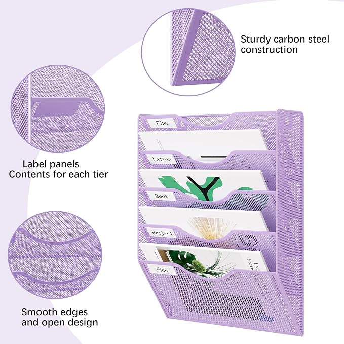 EasyPAG Wall File Organizer 5 Tier Hanging Paper Folder Holder, Zero Assembly Metal Mesh Wall Mounted Mail Organizer for Office Home Classroom Narrow Spaces, Puple