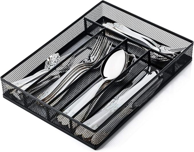 Sedegn Silverware Organizer Metal Mesh, Small Drawer Organizer, Utensil Cutlery Tray for kitchen drawers, Flatware Organizer with 5 Compartment, Black(9.3"*12.6")