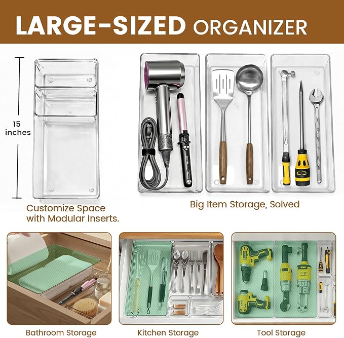 Clear Plastic Drawer Organizer Set with 15 Inch Extra Long Bins, 4 Sizes Large Acrylic Organizers for Kitchen Utensils, Bathroom Trays and Makeup Storage