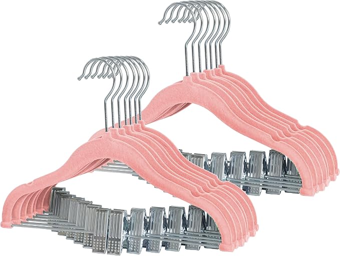 Finnhomy Non-Slip Clothes Hangers for Baby and Kids 20-Pack Velvet Hangers with Movable Clips, Heavy-Duty and Space-Saving for Pants,Skirts, Coat, Pink