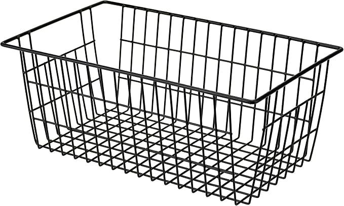 SANNO Freezer Basket Organizer, Refrigerator Metal Wire Storage Divider, Household Container Bins with Handles for Kitchen, Bathroom, Office, Camping, Black,Set of 4