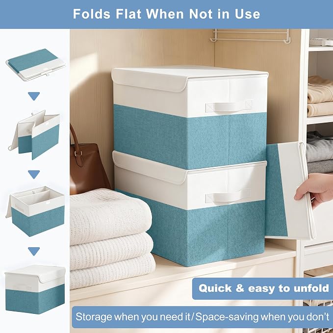 Large 17" 42 Quarts Collapsible Stackable Storage Bins with Lids [3-Pack] Foldable Fabric Linen Storage Boxes Cube, Closet Organizer Baskets with Label for Home (16.7 x 12 x 12", Teal & White)