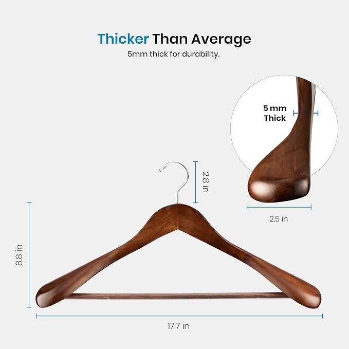ZOBER 6 Pack High-Grade Wooden Suit Hangers for Men, Extra Wide Shoulder Hangers with Non Slip Pants Bar, Smooth Finish, 360 Swivel Hook, Jacket Hanger, Heavy Duty Wide Hanger for Closet