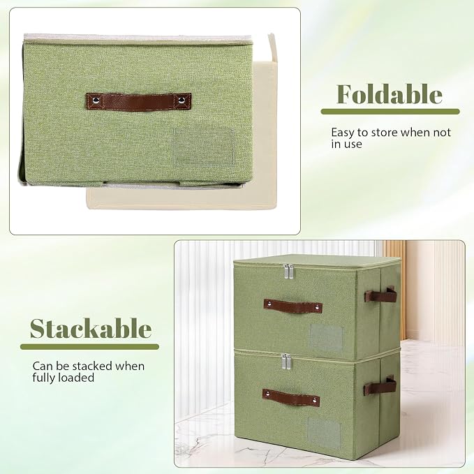 ANMINY 3PCS Storage Bins with Zipper Lid Storage Boxes with Label Holder PU Leather Handles Washable Foldable Decorative Lidded Cotton Linen Fabric Cubes Baskets Closet Organizer - Green, Small