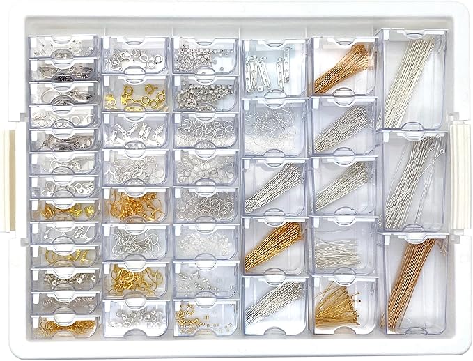 Bead Storage Solutions Elizabeth Ward Plastic See-Through Stackable 1,111 Piece Gold/Silver Assorted Costume Jewelry Findings Tray Bead Organizer