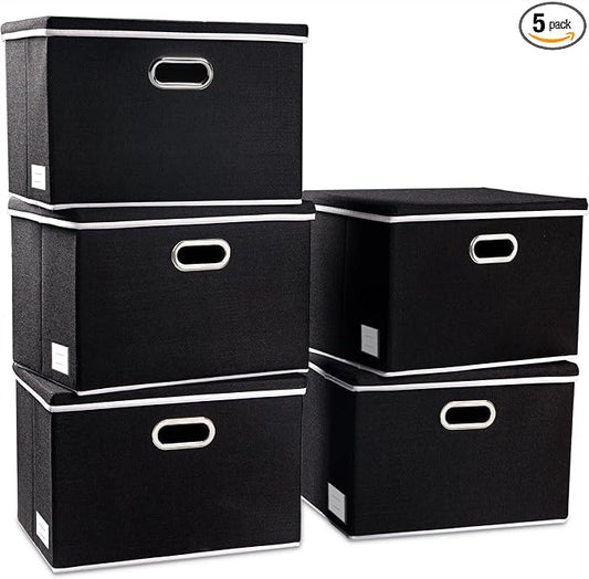 PRANDOM Foldable Storage Bin with Lid [5-Pack] Linen Fabric Decorative Storage Box Organizer Container Basket Cube with Handles Divider for Closet Office Living Room Black(14.9x9.8x9.8)
