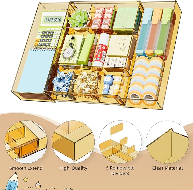 Marbrasse Expandable Desk Drawer Organizer, Clear Plastic Drawer Organizer Tray with 10 Adjustable Compartments, Desk Organizers and Accessories, 5 Drawer Dividers for Office Supplies(Clear Champagne)