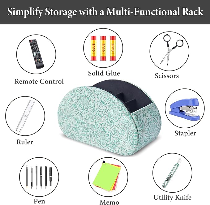 Remote Control Holder, PU Leather Remote Caddy Desktop Organizer with 5 Spacious Compartments for TV Remotes/Media Controllers/Office Supplies (1-Carved3 Green2