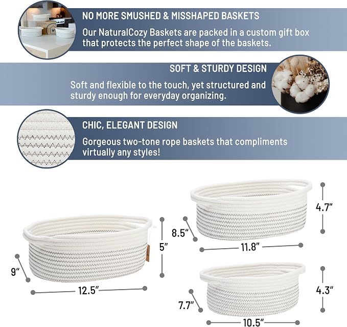 NaturalCozy 3-Piece Oval Storage Basket Set– Cotton Rope Woven Baskets for Storage, Gift Basket Empty, Toy Basket, Soft Baby Basket for Nursery, Cat Dog Toy Baskets, Small Basket (Black Stitching)