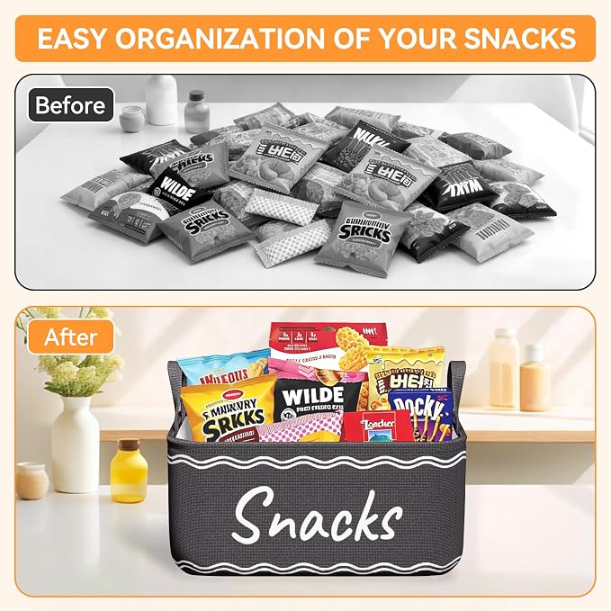 Snack Basket for Pantry & 5 Seal Clips - Snack Bin Organizer for Countertop - Imitation Linen Snack Storage Containers for Storing Chips, Pretzels, Cookies, Popcorn and more (1, Black)