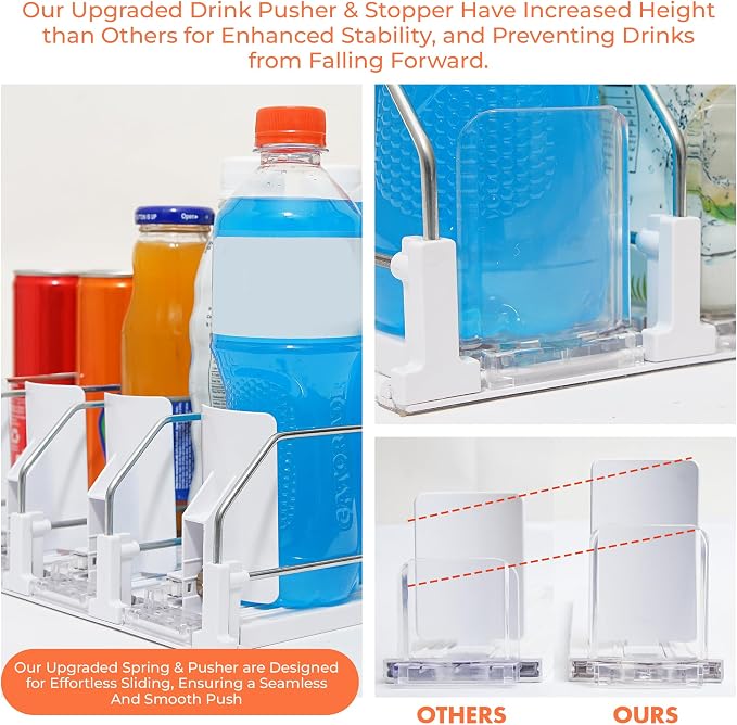 Upgraded Premium Drink Organizer for Fridge. Ultra Space Saving Soda Can Organizer with Larger Stopper Height and Automatic Pusher with Locking Feature. Holds 30 Cans (6 Rows, White)