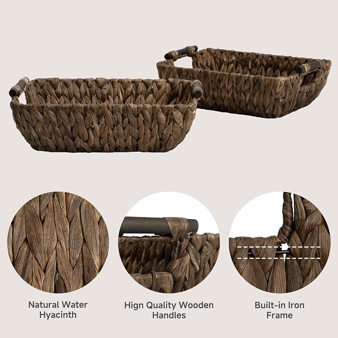 StorageWorks Wicker Baskets for Organizing, Woven Basket with Wooden Handles, Wicker Storage Baskets for Shelf, Brown, 2-Pack