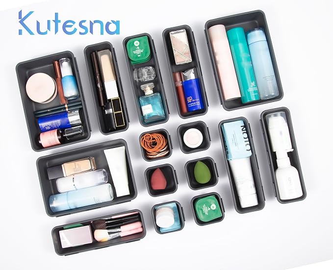 Kutesna 15 PCS Interlocking Desk Drawer Organizer Separator for Office,Bathroom,Kitchen,Makeup（Black）