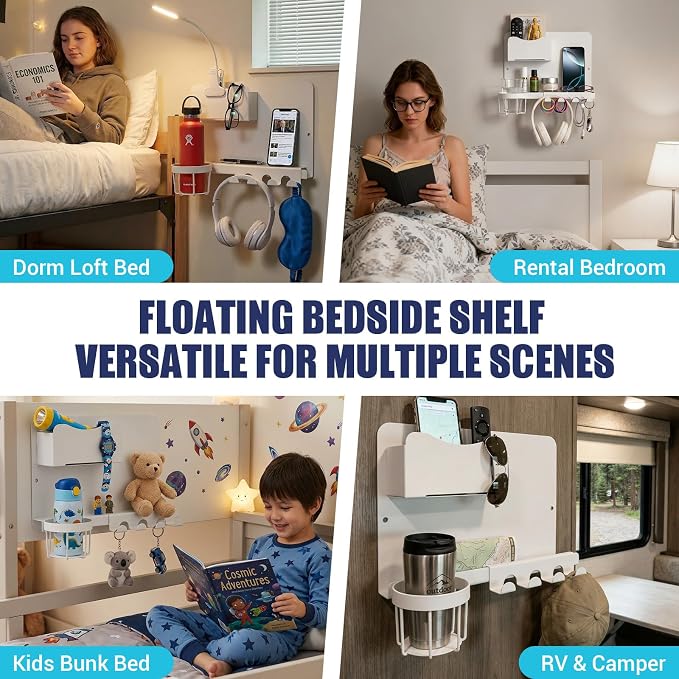 Metal Bedside Wall Shelf, Bedside Floating Shelf Wall Organizer with Detachable Cup Holder, No Drill Wall Mount for Bedroom, Dorm Room Decor, Nightstand Alternative, Bunk Bed Accessories, RV Storage