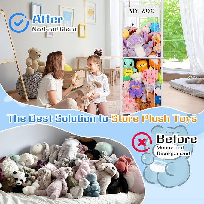 GLDZI Stuffed Animal Storage Zoo with Wheels, Wooden Stuffed Animal Organizer with Elastic Cords, Space Saving Toy Plushies Storage Holder for Playroom, Bedroom, Living Room(White, Large)