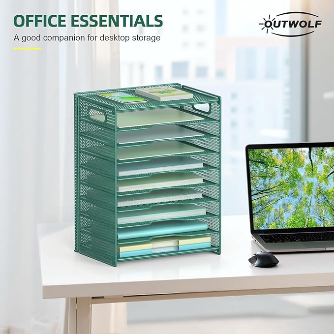 OUTWOLF 10 Tier Paper Organizer - Letter Tray Mesh Desk File Organizer with Handles for Office School Desktop, Green