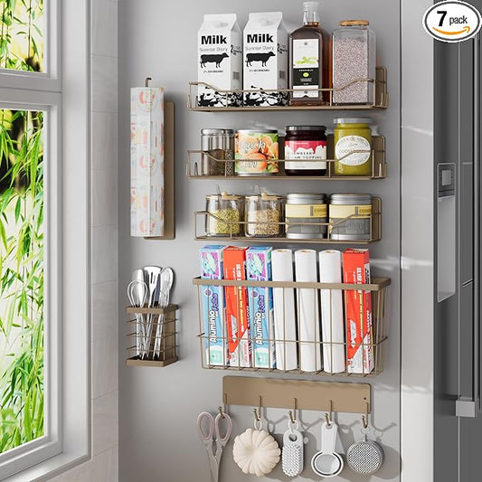 Magnetic Spice Rack for Refrigerator, 7 Pack Magnetic Fridge Shelf for Kitchen Organization Storage, Moveable Spice Organizer W/Paper Towel Holder, Utensil Caddy, Cutting Board Rack (Brown)