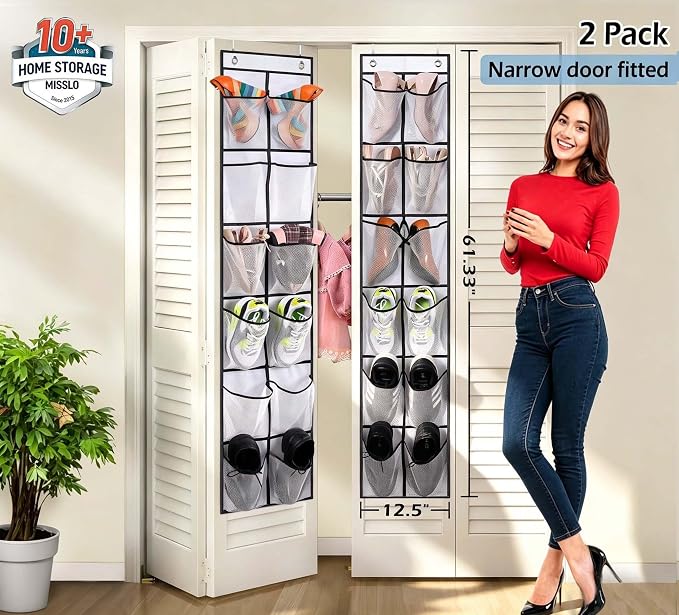 MISSLO Over The Door Shoe Organizer 12 Large Mesh Pockets Hanging Narrow Closet Door, White, 2 Pack
