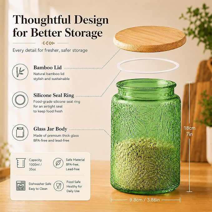 Custde Glass Storage Jars With Airtight Lid, 35oz Canister For Kitchen Counter with Bamboo Lid, brown sugar, candy, coffee, cookie, salt, tea,pantry cute Jar (Green, 35 fl oz)