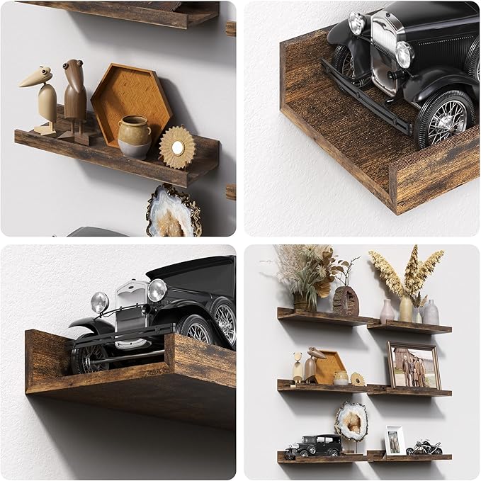 upsimples 6 Pack Wooden Floating Shelves, Wall Storage Decor Shelf for Bathroom, Bedroom, Living Room, Kitchen, Office and Laundry Room, Wall Mounted Display Hanging Shelf, Brown